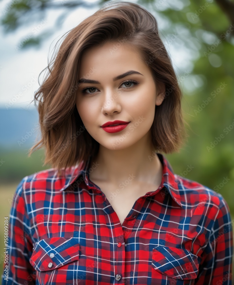 A portrait of a young beautiful girl, natural complexion soft skin wearing a  blue-red Tartan shirt