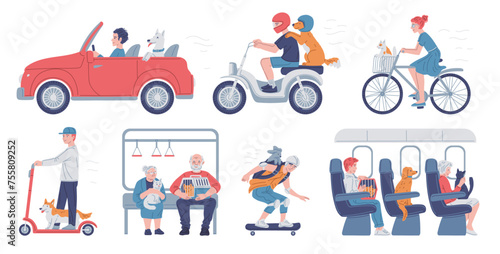 Traveling with pets, set of vector illustrations in flat cartoon style