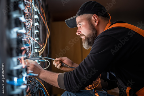 Skilled electrician is carefully installing or repairing wires in an electrical panel