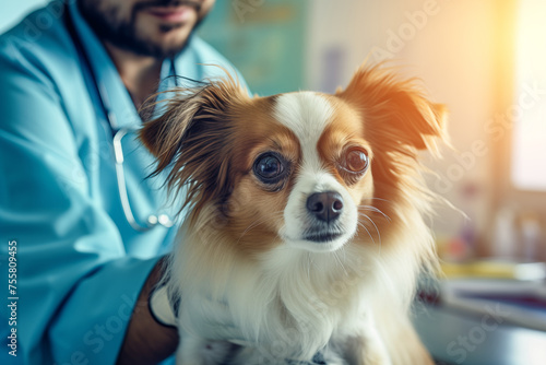 Close-up of a cute small dog with a blurry vet in the background