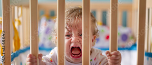 Tearful baby crying behind crib bars in a brightly colored room.