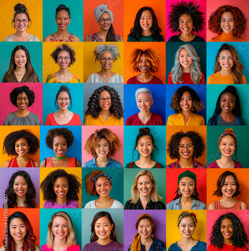 Composite portrait, of head shots of different smiling women of all genders and ages, different backgrounds including all ethnic, racial and geographic types of women in the world, on a colorful flat 