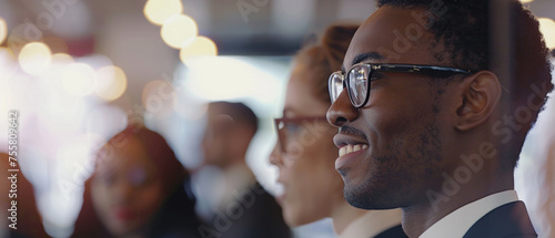 Focused young businessman with glasses attentively listening at a conference.