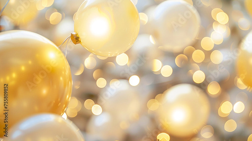 Pale yellow balloons glowing softly in the holiday light, evoking feelings of warmth and happiness.