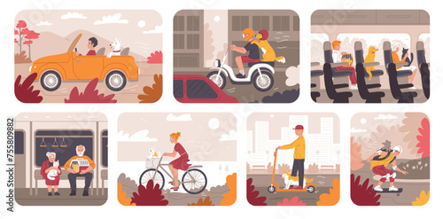Happy people traveling with pet on car, bicycle, comfortable transportation dogs and cats on public transport vector set
