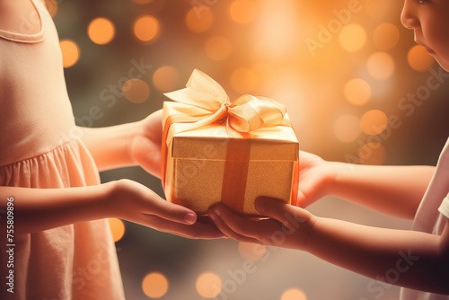 Girl children holding festive wrapped gift box cropped image. Generative AI