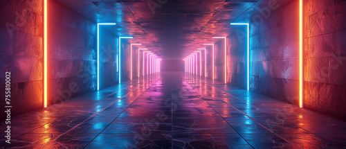 Empty geometric room with glowing neon lines