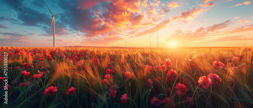 Wind turbines generate electricity. 
Wind farm field and sunset sky. Wind power. Sustainable, renewable energy. 