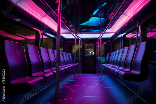 Modern train interior with empty passenger seats. Generative AI