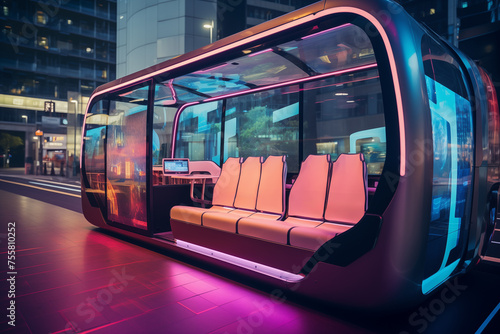Futuristic bus stop with passenger seats in row under glass cover. Generative AI