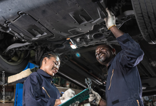 African American black auto mechanic man and woman working together in car repair and maintenance service