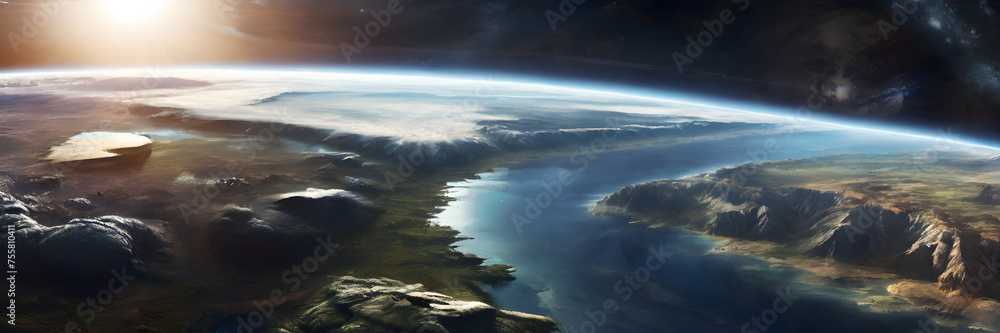 Earth's Grandeur: A Breathtaking Perspective from Space, Showcasing Diverse Terrains and Natural Wonders. Banner style.