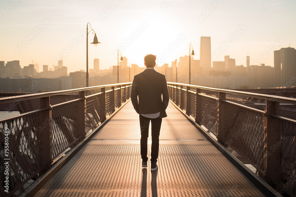 Back view of young man pensively walking along iron footbridge. Generative AI Back view of young man pensively walking along iron footbridge. Generative AI