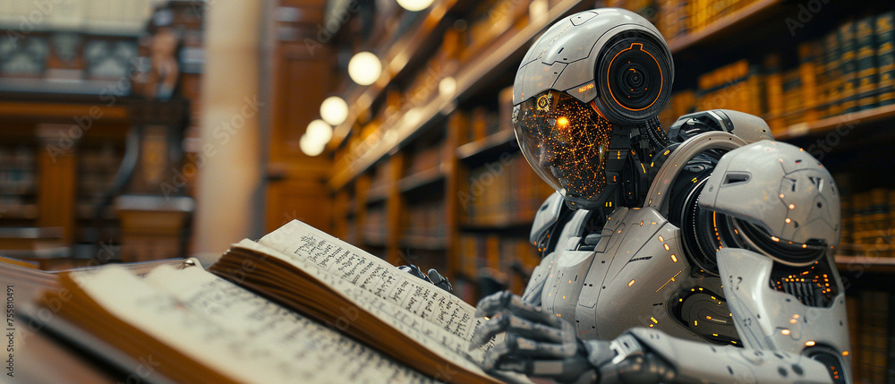 A humanoid robot analyzes information from a book in a library, illustrating artificial intelligence.