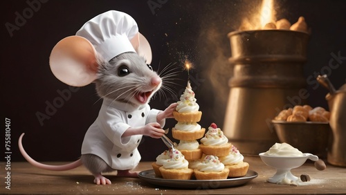 A delightful mouse chef, using a pastry bag to pipe cream onto a tower of éclairs, with a mischievous sparkle in its eye. © Zulfi_Art