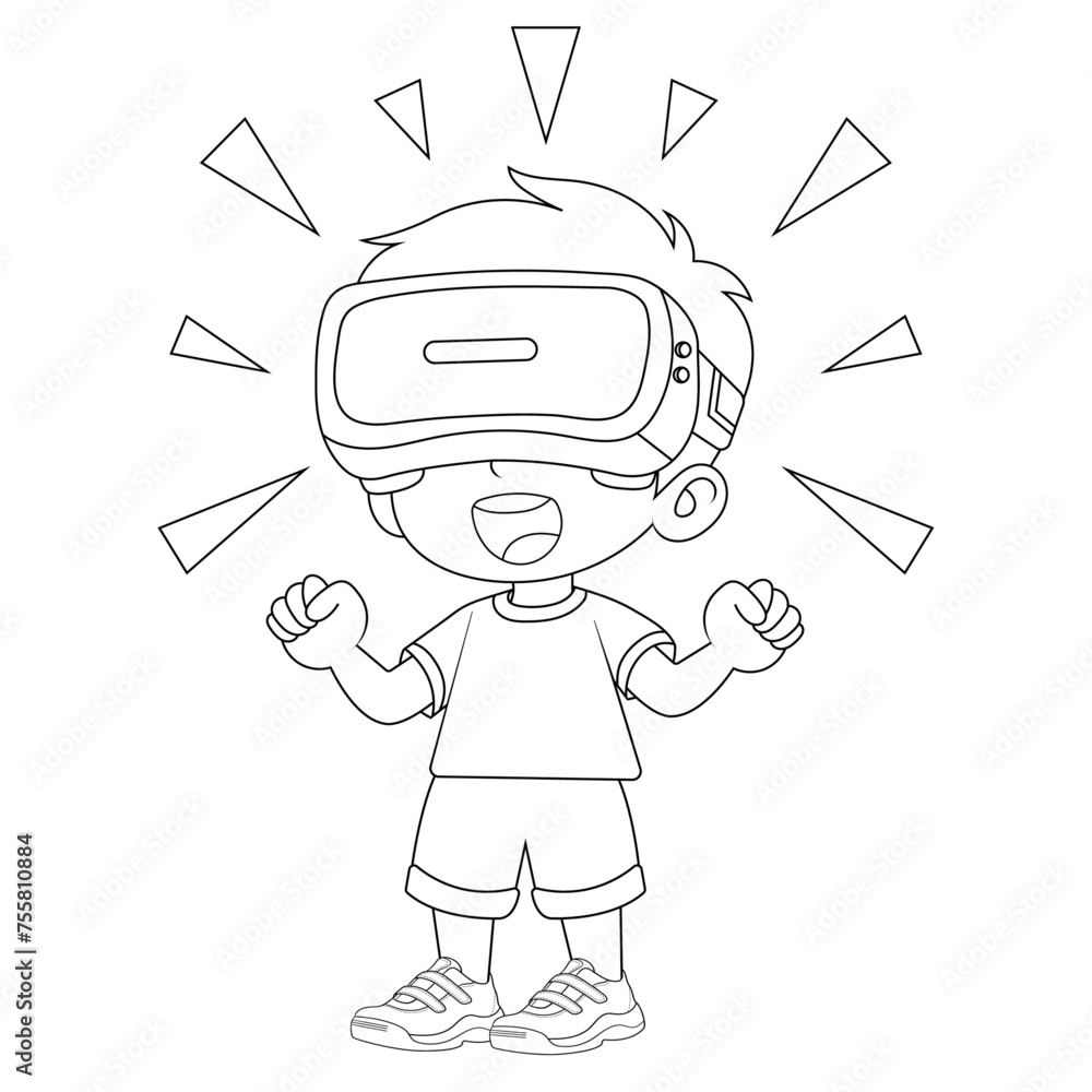 Hand drawn boy using virtual reality coloring book illustration