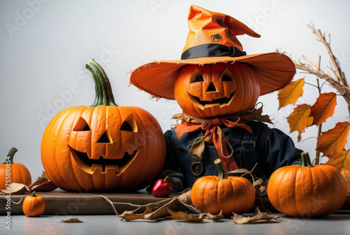 Colorful halloween pumpkins autumn decoration, holiday seasonal concept.