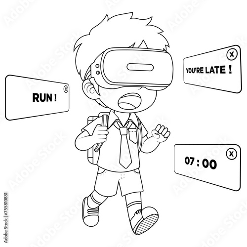 Hand drawn boy using virtual reality coloring book illustration