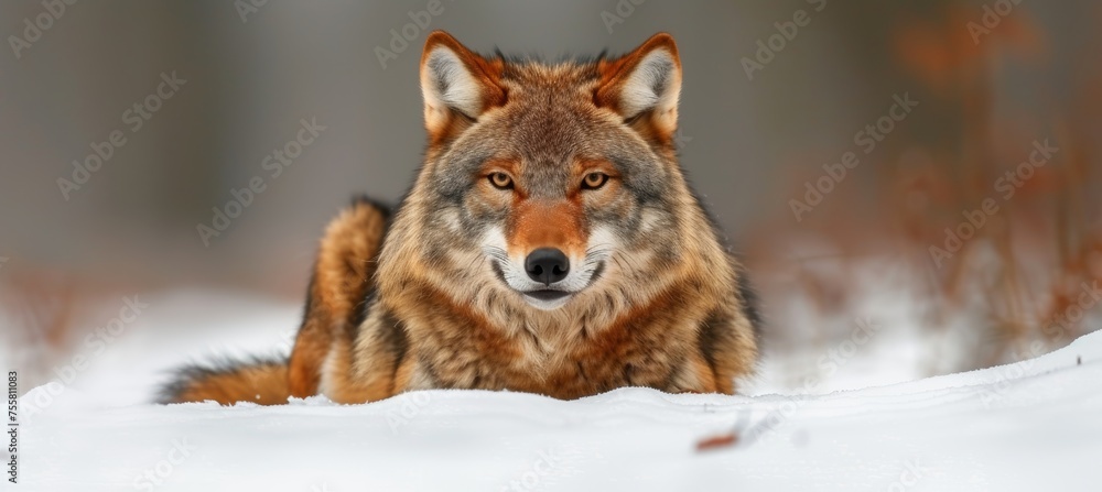 Naklejka premium Majestic wolf in snowy forest with copy space, wildlife animal on blurred nature background
