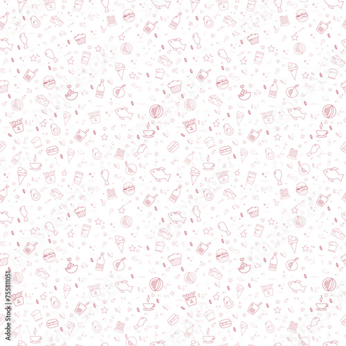 Vector trendy illustration, cute pink fast food icons seamless pattern on a white background