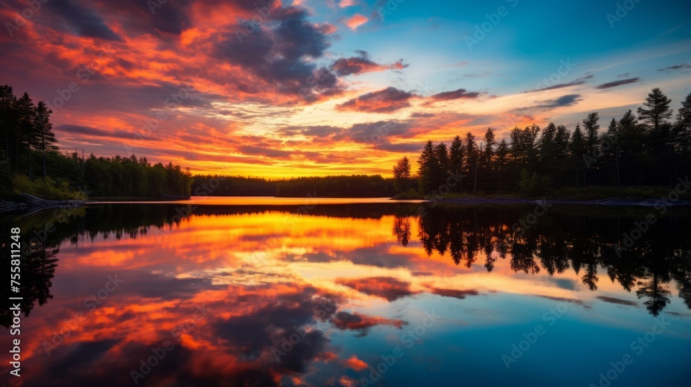 Vibrant reflections of a sunset on a calm river surface