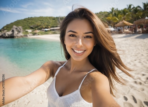  young woman taking selfie shot at the beach