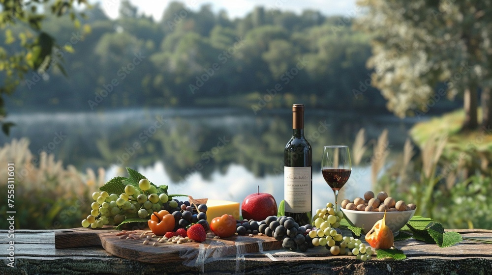 Elegant 3D cheese board setup with ripe fruits and fine wine on a rustic table by a tranquil lake - obrazy, fototapety, plakaty 