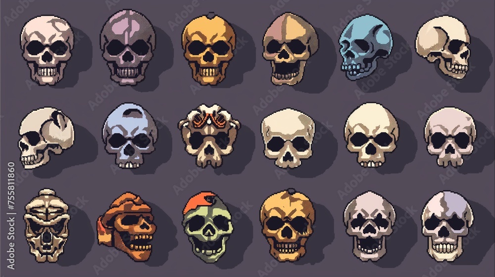 (18) Blocky pixel art skulls, versatile for representing danger or mystery in classic game environments.