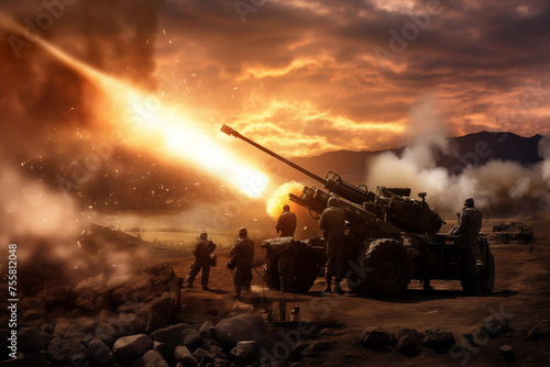 Artillery men shooting with lightweight howitzer or cannon. Generative AI photo