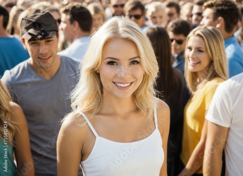 Cute young blonde woman standing in crowd of people