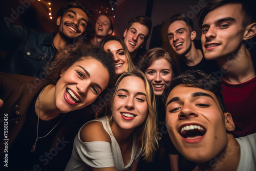 Happy friends taking selfie together. Generative AI