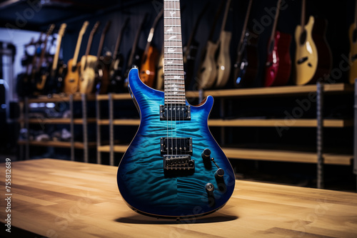 Blue electric guitar in musical studio on wooden surface. Generative AI