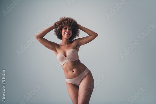 Unretouched photo of pretty girl feel elegance enjoy hair body love imperfection isolated pastel color background © deagreez