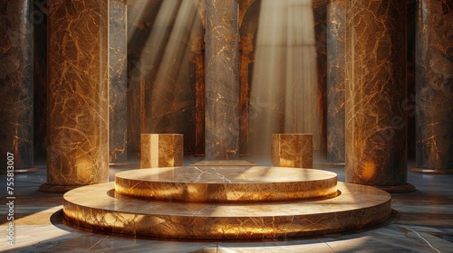 Advertised product presentation with shadows and light. Empty podiums. Mockup. background set in a Renaissance palace with opulent gold accents