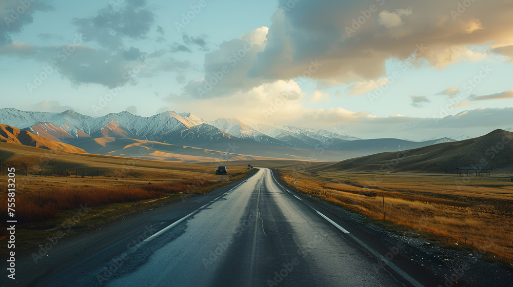 A cinematic scene, an empty road. A car is driving towards the beautiful scenery