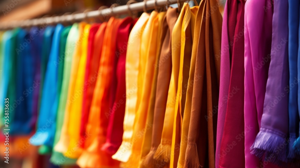 Rainbow-colored fabrics hanging in a market