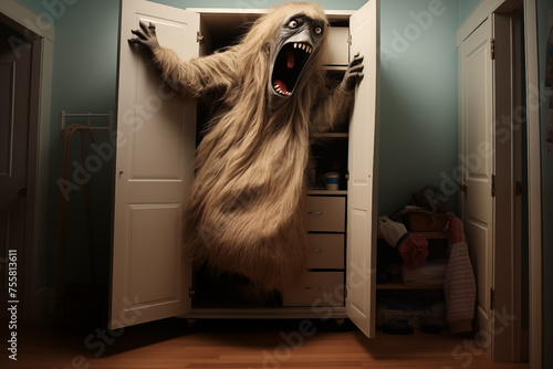 Terrible monster hiding inside wardrobe in children room. Generative AI photo