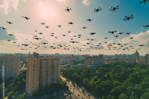 swarm of drones over city at summer morning. Neural network generated image. Not based on any actual scene or pattern.