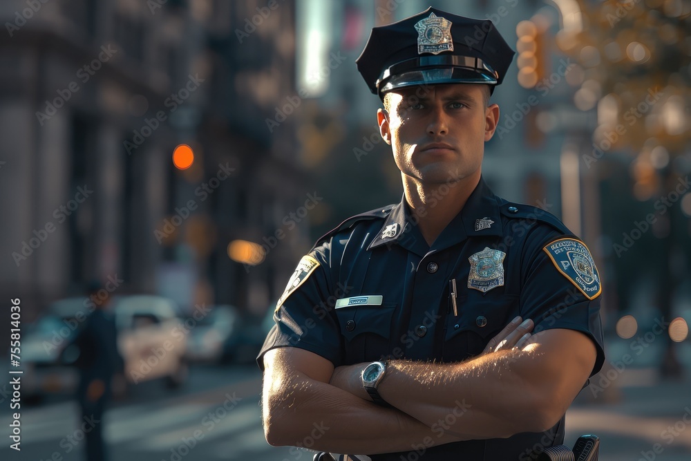 Cinematic portrait - uSA police officer patrols the streets of the ...