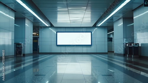 Airport hall billboard mock up with white screen, alpha channel. Business concept. generative ai 
