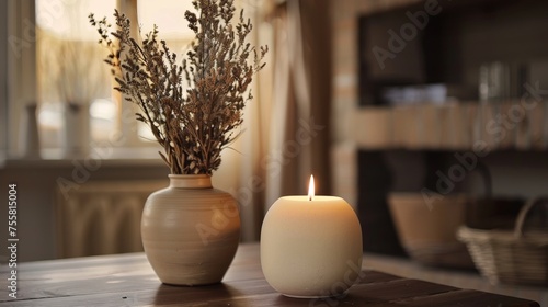 Candle and Vase on Table