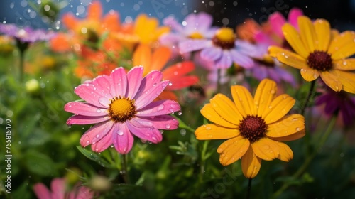 A closeup of rain soaked wildflowers beneath a rainbow