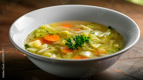 Homemade vegetable soup in white bowl