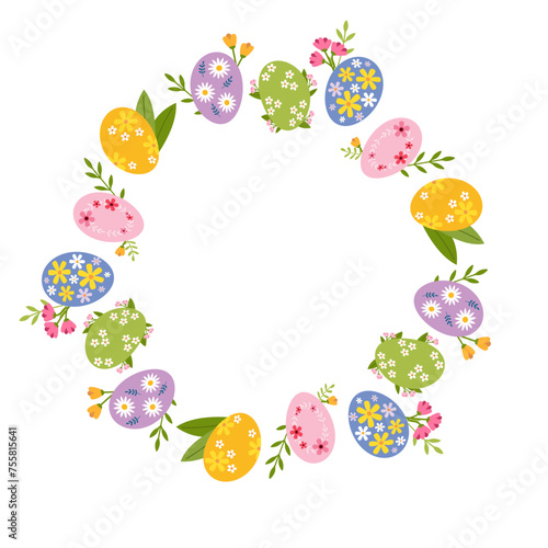 Easter round frame with copy space for text. Abstract background made of Easter eggs and flowers. Vector illustration