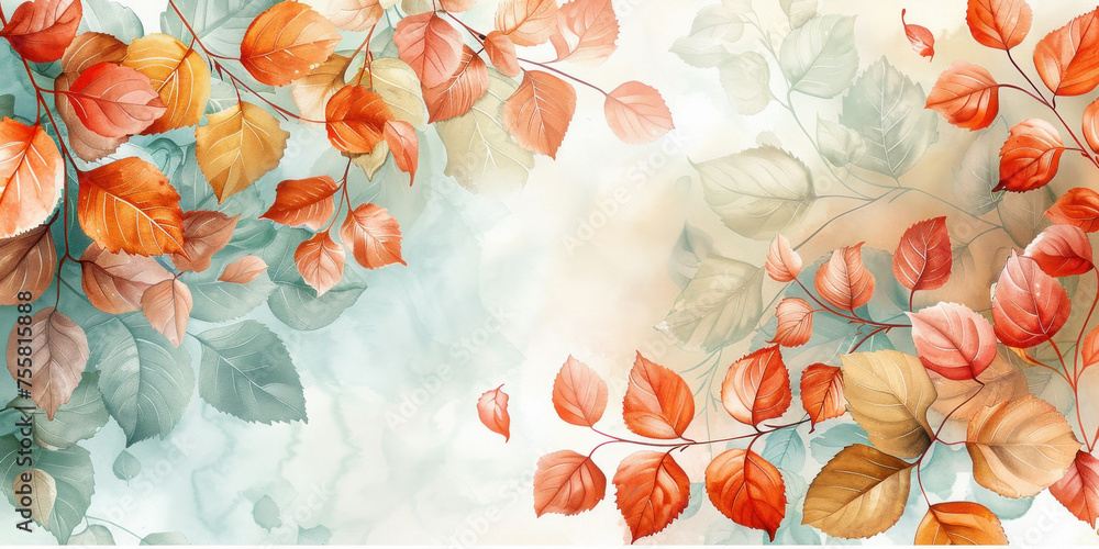 Elegant Watercolor Painting of Autumn Leaves on a Blue and Orange Background with Copy Space