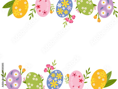 Easter background with copy space for text. Abstract frame made of Easter eggs and flowers. Vector illustration