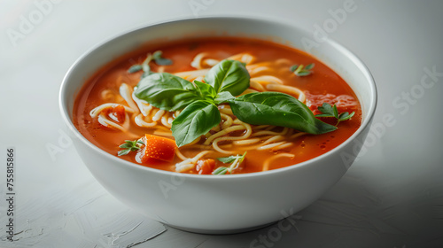 Fresh basil tomato soup with noodles photo