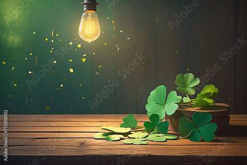 Artistic rendering of four-leaf clovers on a wooden table. photo
