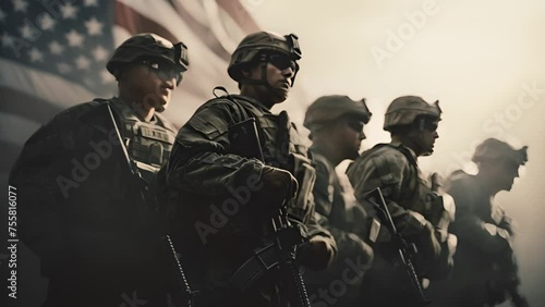 The USA army soldier with nation flag on the background. Greeting card for Veterans Day, Memorial Day, Independence Day. America celebration