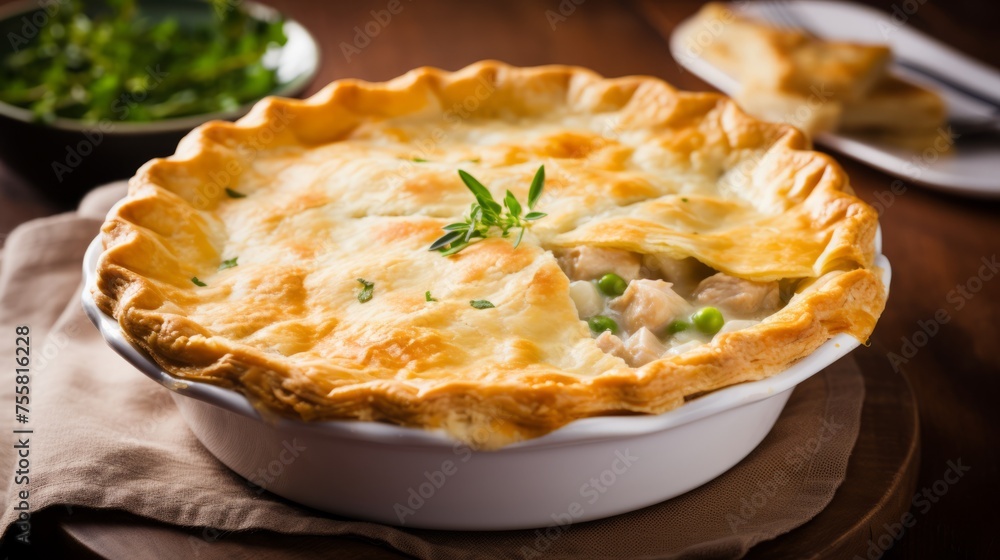 A hearty and comforting bowl of homemade chicken pot pie A hearty and comforting bowl of homemade chicken pot pie